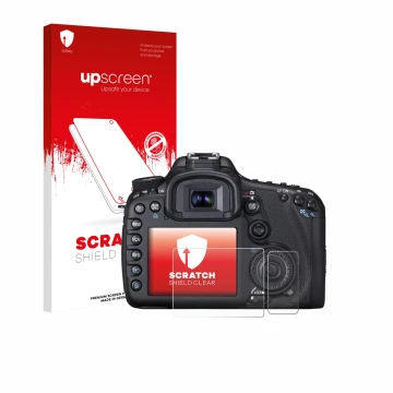 Parte frontale di una confezione del prodotto con il logo del marchio upscreen. Accanto è raffigurato il dispositivo Canon EOS