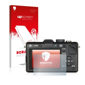 Parte frontale di una confezione del prodotto con il logo del marchio upscreen. Accanto è raffigurato il dispositivo Panasonic