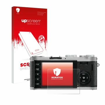 Parte frontale di una confezione del prodotto con il logo del marchio upscreen. Accanto è raffigurato il dispositivo Leica X1 