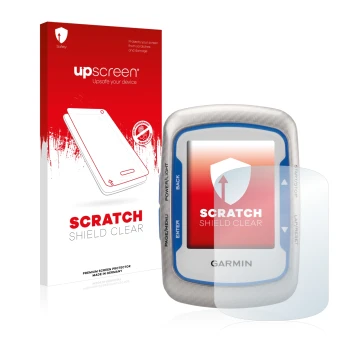 Parte frontale di una confezione del prodotto con il logo del marchio upscreen. Accanto è raffigurato il dispositivo Garmin Ed