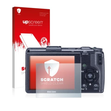 Parte frontale di una confezione del prodotto con il logo del marchio upscreen. Accanto è raffigurato il dispositivo Ricoh GR 