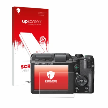 Parte frontale di una confezione del prodotto con il logo del marchio upscreen. Accanto è raffigurato il dispositivo Ricoh GXR