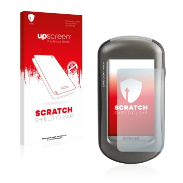 Parte frontale di una confezione del prodotto con il logo del marchio upscreen. Accanto è raffigurato il dispositivo Garmin Or