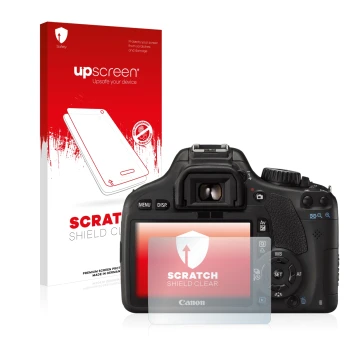 Parte frontale di una confezione del prodotto con il logo del marchio upscreen. Accanto è raffigurato il dispositivo Canon EOS