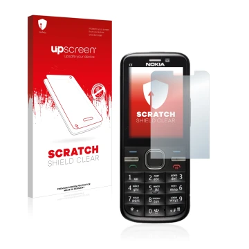 Parte frontale di una confezione del prodotto con il logo del marchio upscreen. Accanto è raffigurato il dispositivo Nokia C5-