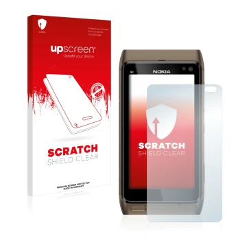 Parte frontale di una confezione del prodotto con il logo del marchio upscreen. Accanto è raffigurato il dispositivo Nokia n8 