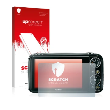 Parte frontale di una confezione del prodotto con il logo del marchio upscreen. Accanto è raffigurato il dispositivo Fujifilm 