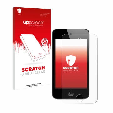 Parte frontale di una confezione del prodotto con il logo del marchio upscreen. Accanto è raffigurato il dispositivo Apple iPo