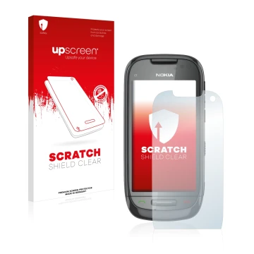 Parte frontale di una confezione del prodotto con il logo del marchio upscreen. Accanto è raffigurato il dispositivo Nokia C7-