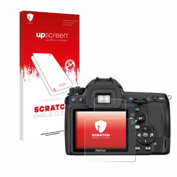 Parte frontale di una confezione del prodotto con il logo del marchio upscreen. Accanto è raffigurato il dispositivo Pentax K5