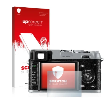 Parte frontale di una confezione del prodotto con il logo del marchio upscreen. Accanto è raffigurato il dispositivo Fujifilm 