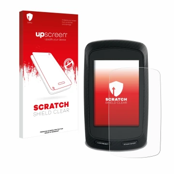 Parte frontale di una confezione del prodotto con il logo del marchio upscreen. Accanto è raffigurato il dispositivo Garmin Ed