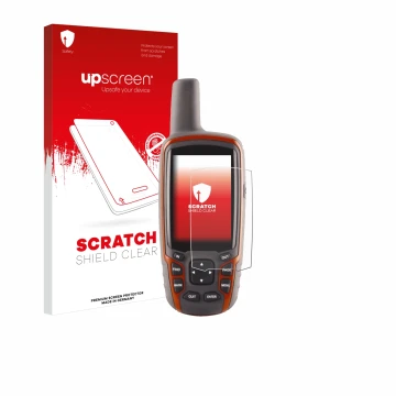 Parte frontale di una confezione del prodotto con il logo del marchio upscreen. Accanto è raffigurato il dispositivo Garmin GP