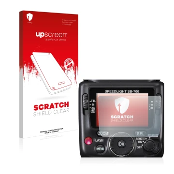 Parte frontale di una confezione del prodotto con il logo del marchio upscreen. Accanto è raffigurato il dispositivo Nikon SB-