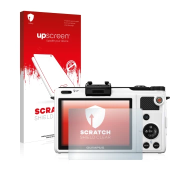 Parte frontale di una confezione del prodotto con il logo del marchio upscreen. Accanto è raffigurato il dispositivo Olympus X