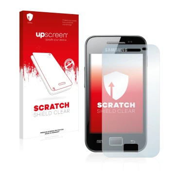 Parte frontale di una confezione del prodotto con il logo del marchio upscreen. Accanto è raffigurato il dispositivo Samsung G