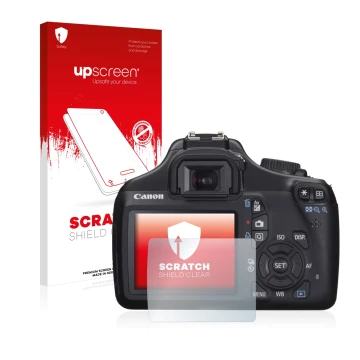 Parte frontale di una confezione del prodotto con il logo del marchio upscreen. Accanto è raffigurato il dispositivo Canon EOS