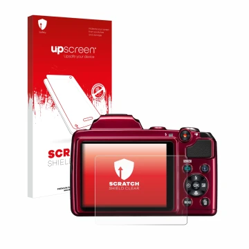 Parte frontale di una confezione del prodotto con il logo del marchio upscreen. Accanto è raffigurato il dispositivo Nikon Coo