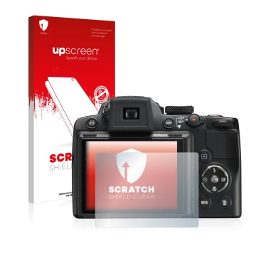 Parte frontale di una confezione del prodotto con il logo del marchio upscreen. Accanto è raffigurato il dispositivo Nikon Coo