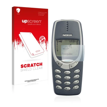 Parte frontale di una confezione del prodotto con il logo del marchio upscreen. Accanto è raffigurato il dispositivo Nokia 331