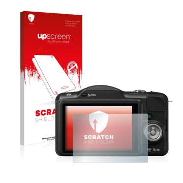 Parte frontale di una confezione del prodotto con il logo del marchio upscreen. Accanto è raffigurato il dispositivo Panasonic