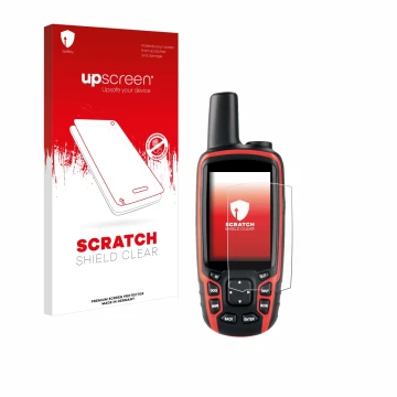 Parte frontale di una confezione del prodotto con il logo del marchio upscreen. Accanto è raffigurato il dispositivo Garmin As