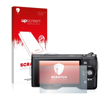 Parte frontale di una confezione del prodotto con il logo del marchio upscreen. Accanto è raffigurato il dispositivo Sony Alph