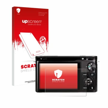 Parte frontale di una confezione del prodotto con il logo del marchio upscreen. Accanto è raffigurato il dispositivo Nikon 1 J