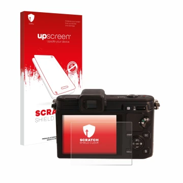 Parte frontale di una confezione del prodotto con il logo del marchio upscreen. Accanto è raffigurato il dispositivo Nikon 1 V