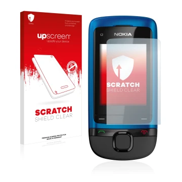 Parte frontale di una confezione del prodotto con il logo del marchio upscreen. Accanto è raffigurato il dispositivo Nokia C2-