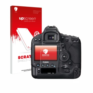 Parte frontale di una confezione del prodotto con il logo del marchio upscreen. Accanto è raffigurato il dispositivo Canon EOS