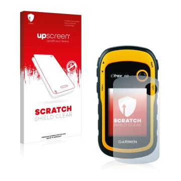 Parte frontale di una confezione del prodotto con il logo del marchio upscreen. Accanto è raffigurato il dispositivo Garmin eT