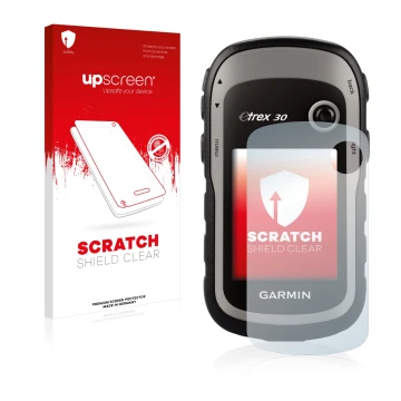 Parte frontale di una confezione del prodotto con il logo del marchio upscreen. Accanto è raffigurato il dispositivo Garmin eT