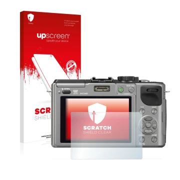 Parte frontale di una confezione del prodotto con il logo del marchio upscreen. Accanto è raffigurato il dispositivo Panasonic