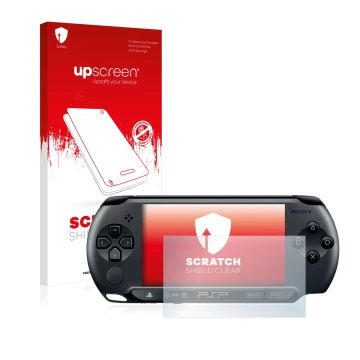 Parte frontale di una confezione del prodotto con il logo del marchio upscreen. Accanto è raffigurato il dispositivo Sony PSP 