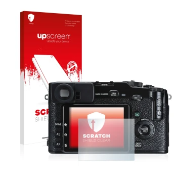 Parte frontale di una confezione del prodotto con il logo del marchio upscreen. Accanto è raffigurato il dispositivo Fujifilm 