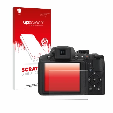 Parte frontale di una confezione del prodotto con il logo del marchio upscreen. Accanto è raffigurato il dispositivo Nikon Coo