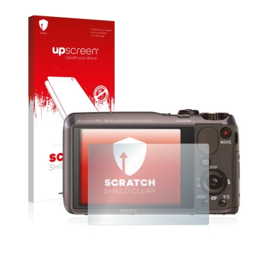 Parte frontale di una confezione del prodotto con il logo del marchio upscreen. Accanto è raffigurato il dispositivo Sony Cybe