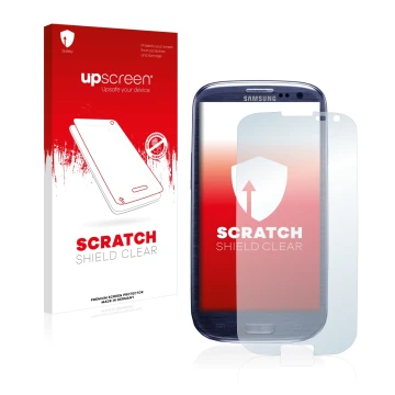 Parte frontale di una confezione del prodotto con il logo del marchio upscreen. Accanto è raffigurato il dispositivo Samsung G