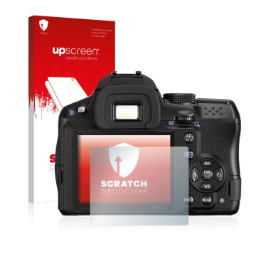 Parte frontale di una confezione del prodotto con il logo del marchio upscreen. Accanto è raffigurato il dispositivo Pentax K-