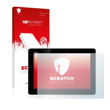 Parte frontale di una confezione del prodotto con il logo del marchio upscreen. Accanto è raffigurato il dispositivo ASUS Tran