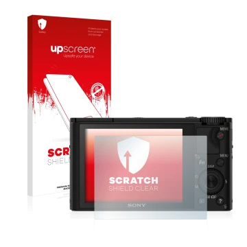 Parte frontale di una confezione del prodotto con il logo del marchio upscreen. Accanto è raffigurato il dispositivo Sony Cybe