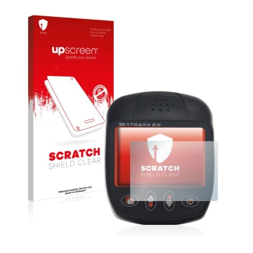 Parte frontale di una confezione del prodotto con il logo del marchio upscreen. Accanto è raffigurato il dispositivo Skytraxx 