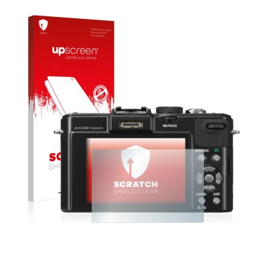 Parte frontale di una confezione del prodotto con il logo del marchio upscreen. Accanto è raffigurato il dispositivo Panasonic