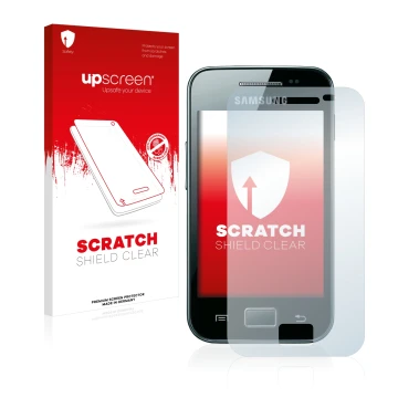 Parte frontale di una confezione del prodotto con il logo del marchio upscreen. Accanto è raffigurato il dispositivo Samsung G