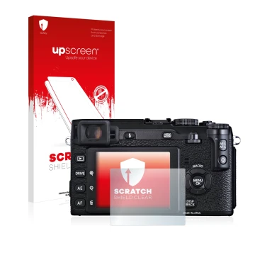 Parte frontale di una confezione del prodotto con il logo del marchio upscreen. Accanto è raffigurato il dispositivo Fujifilm 