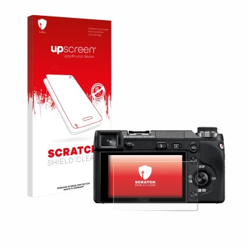 Parte frontale di una confezione del prodotto con il logo del marchio upscreen. Accanto è raffigurato il dispositivo Sony Alph