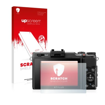 Parte frontale di una confezione del prodotto con il logo del marchio upscreen. Accanto è raffigurato il dispositivo Olympus S