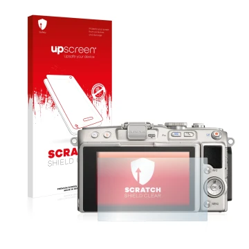 Parte frontale di una confezione del prodotto con il logo del marchio upscreen. Accanto è raffigurato il dispositivo Olympus P