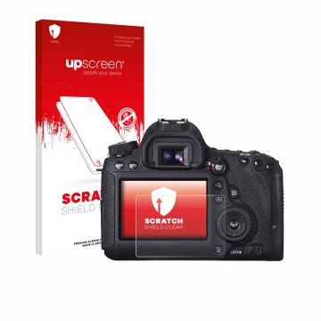 Parte frontale di una confezione del prodotto con il logo del marchio upscreen. Accanto è raffigurato il dispositivo Canon EOS